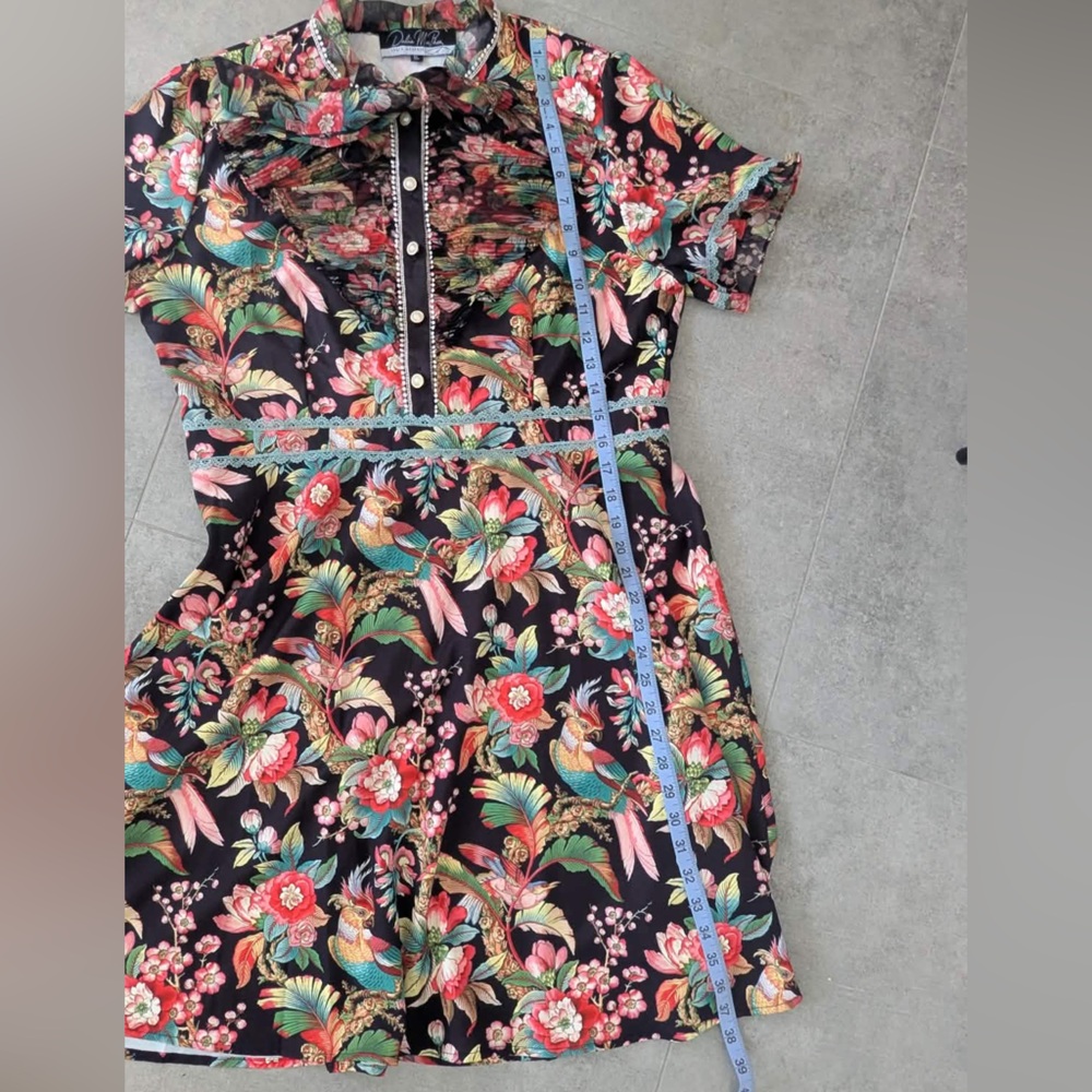 Dalia MacPhee Floral Dress XL Pleated Tie Neck Boho Romantic - Picture 11 of 13